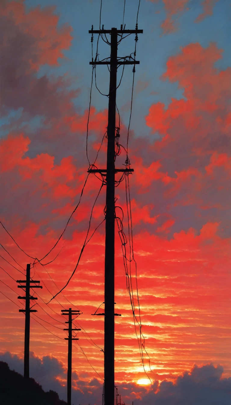 Detailed silhouette of a telephone pole,A small hill where telephone poles appear randomly,The cityscape, the sunset, the red sky,concrete utility pole,Beautiful sunset seen from downhill,