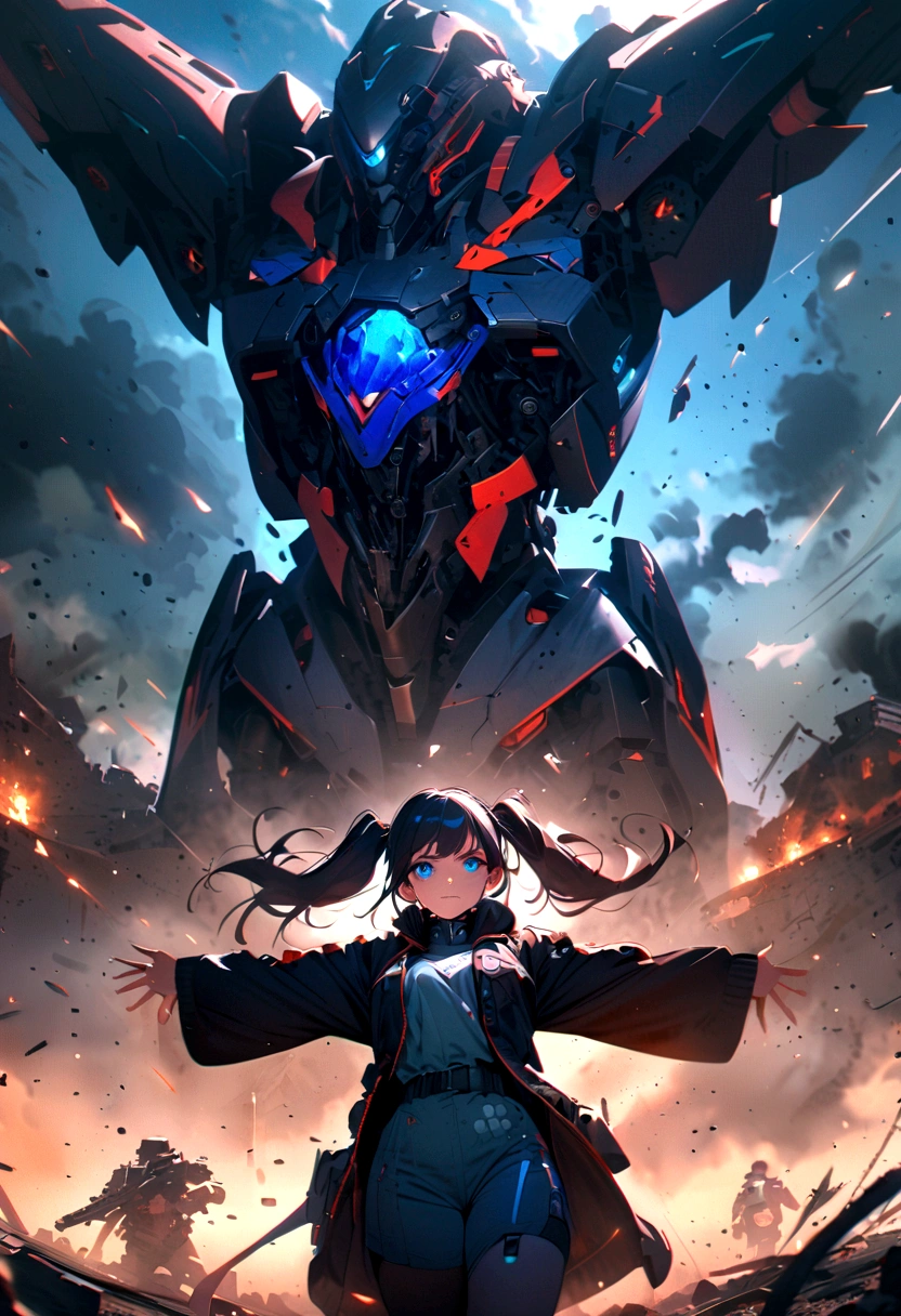 Science Fiction,girl, long_twintails, Robotic Arm, war, monster, Technical clothing,blue eyes, Raise your arms, military uniform
