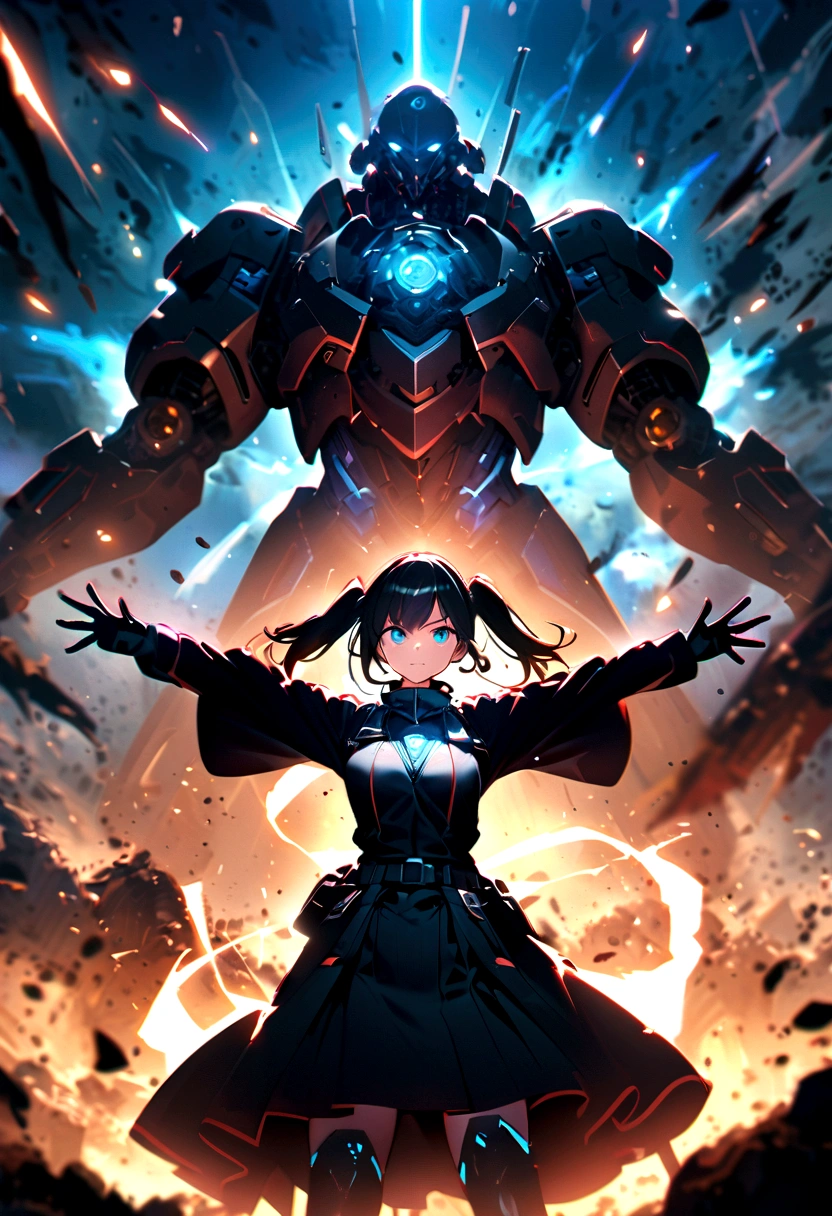 Science Fiction,girl, long_twintails, Robotic Arm, war, monster, Technical clothing,blue eyes, Raise your arms, military uniform