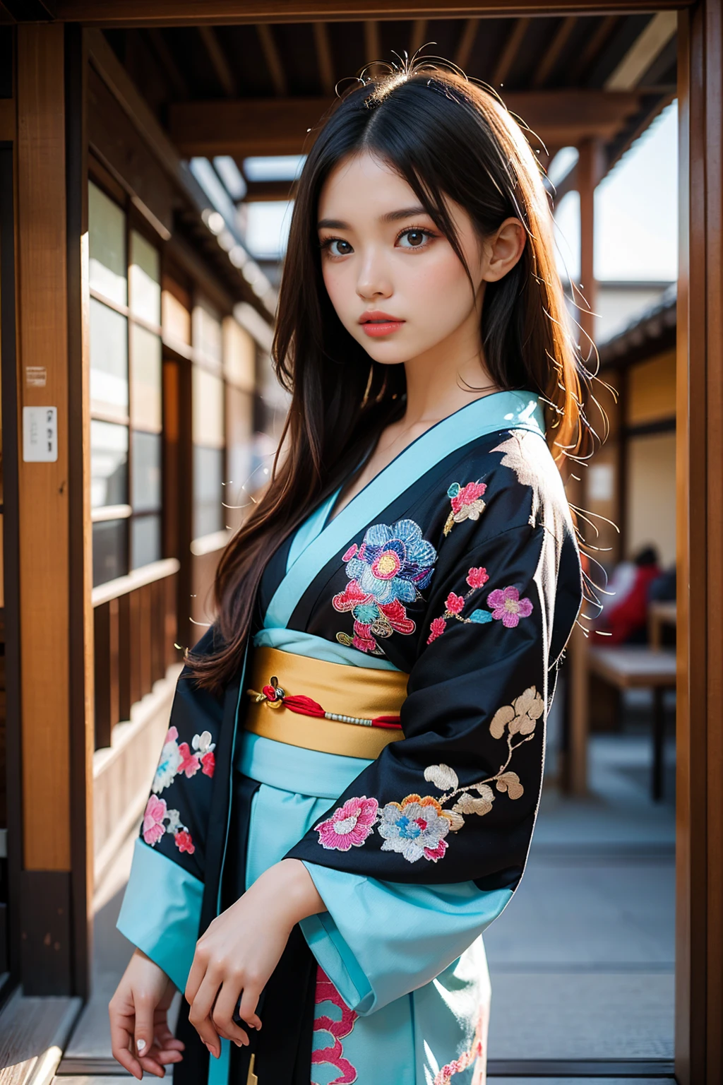 (masterpiece, best quality, highest quality, official art, beautiful and aesthetic: 1.2), (1 girl), exquisite costume (gorgeous Japanese kimono (colorful kimono (fine embroidery))), highly detailed, (fractal art), colorful, most detailed, mandala in background