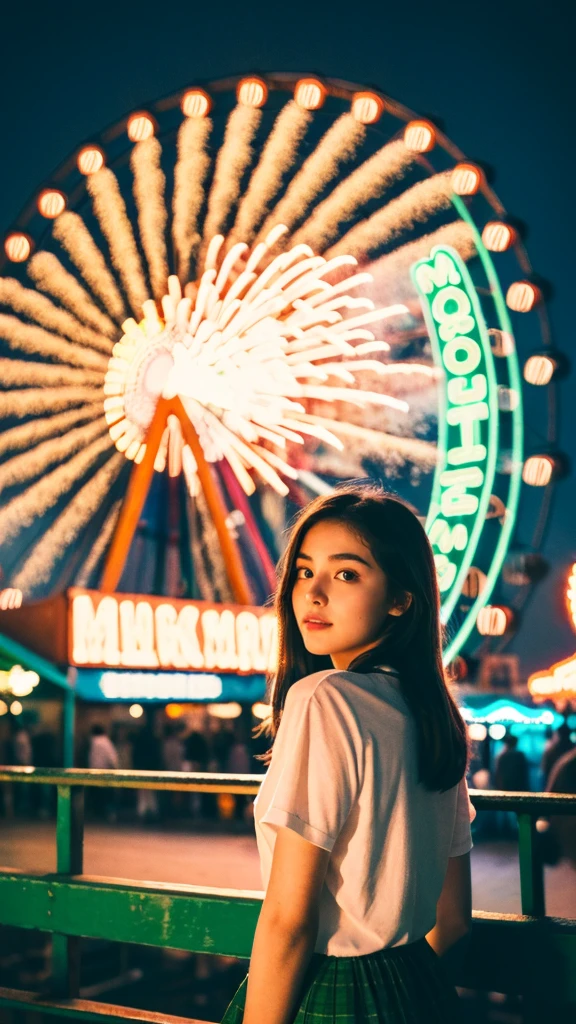 ((best quality)), ((masterpiece)), (detailed), 1girl, standing at the amusement park in front of the giant wheel or ferris wheel, and see the fireworks on the sky beautiful green and blue fireworks, night view, 8K UHD