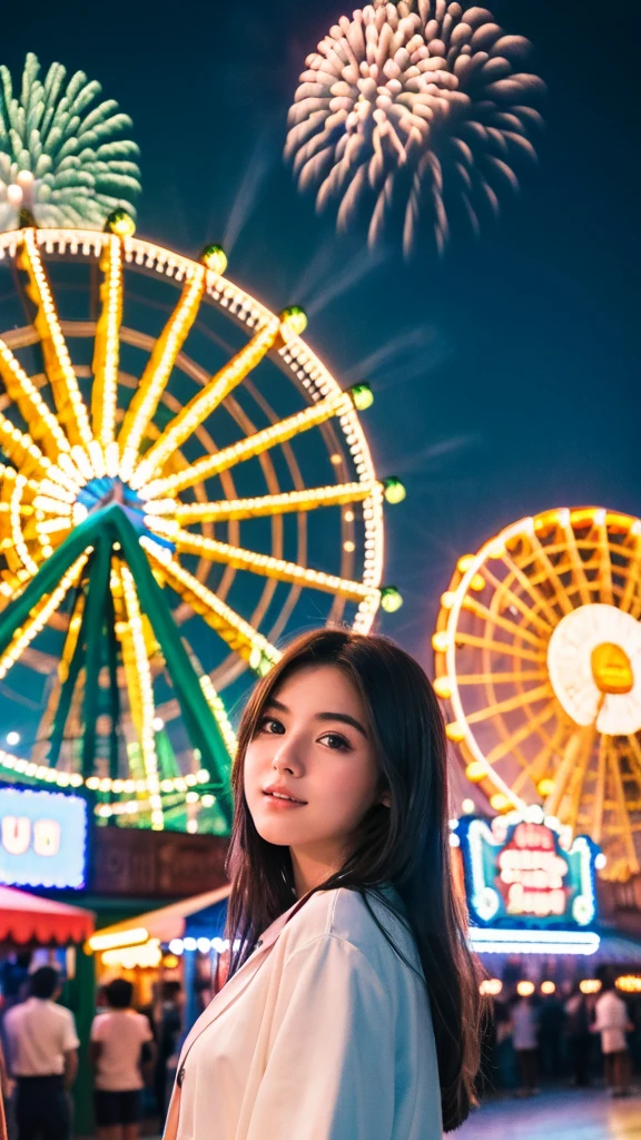 ((best quality)), ((masterpiece)), (detailed), 1girl, standing at the amusement park in front of the giant wheel or ferris wheel, and see the fireworks on the sky beautiful green and blue fireworks, night view, 8K UHD