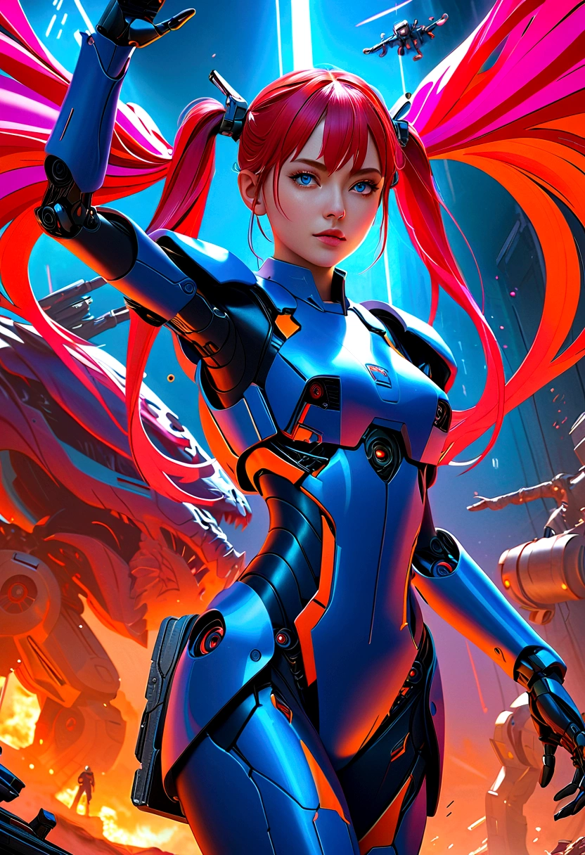 Science Fiction,girl, long_twintails, Robotic Arm, war, monster, Technical clothing,blue eyes, Raise your arms, military uniform