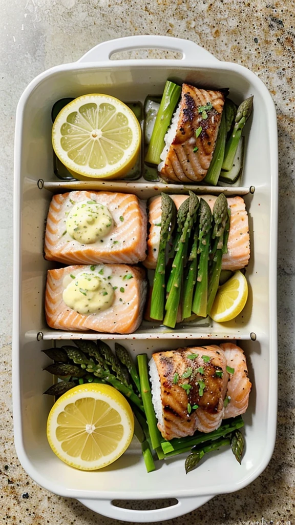 Salmon🍣 with Asparagus🥬 and Lemon Butter Sauce🍋
- Ingredients: Salmon fillets, asparagus, butter, garlic, lemon juice, salt, pepper.
- Instructions: Season salmon with salt and pepper. Melt butter, sauté garlic, add salmon, cook until done. Sauté asparagus in same pan. Drizzle lemon juice before serving.
- Prep Tips: Prepare multiple fillets with asparagus, store in meal prep containers. Reheat gently for best texture.