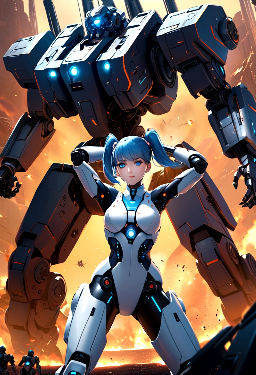 Science Fiction,girl, long_twintails, Robotic Arm, war, monster, Technical clothing,blue eyes, Raise your arms, military uniform