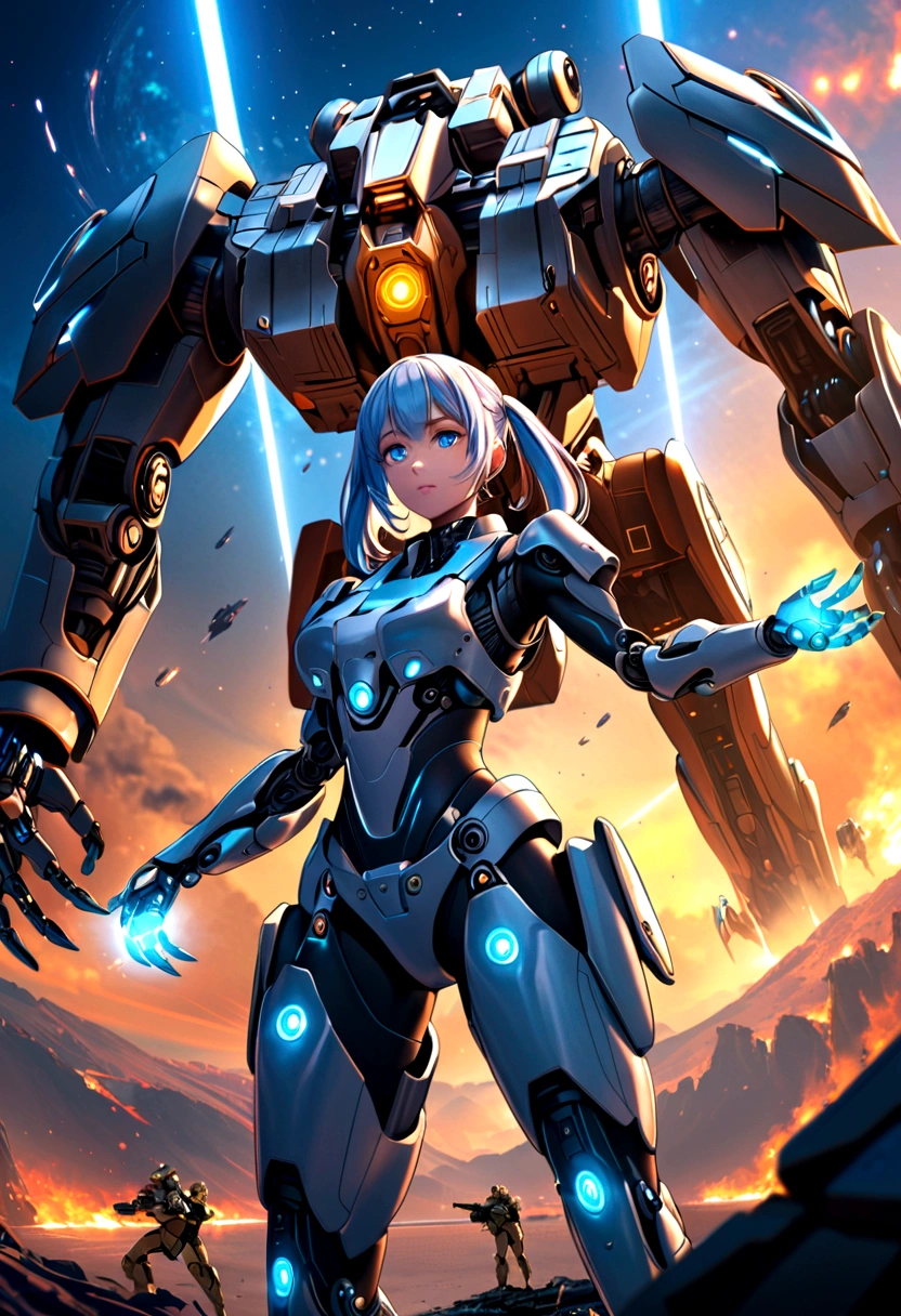 Science Fiction,girl, long_twintails, Robotic Arm, war, monster, Technical clothing,blue eyes, Raise your arms, military uniform