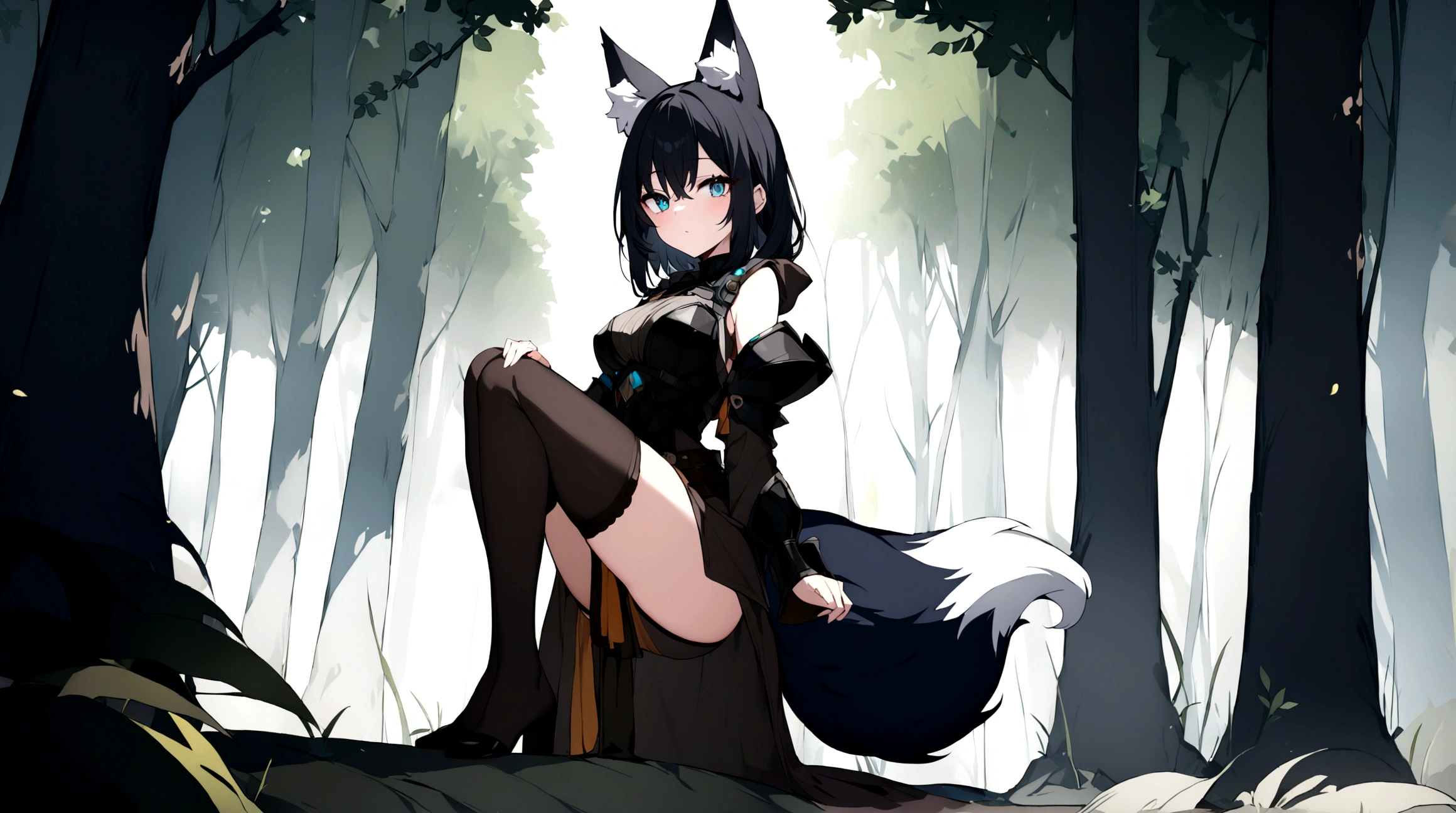 (1girl, Masterpiece, best quality) (detailed and beautiful eyes:1.6) (perfect hands, perfect anatomy) (full body)) (Mature) (Adult) Fox-girl Misaki has ((short black hair)), (Fox-ears). (She wears a black fantasy medieval adventurer armor) ((She has a **one** black fluffly fox tail.)) She wearing a long brown trousers with armored knees. She has over-to-knee socks.
