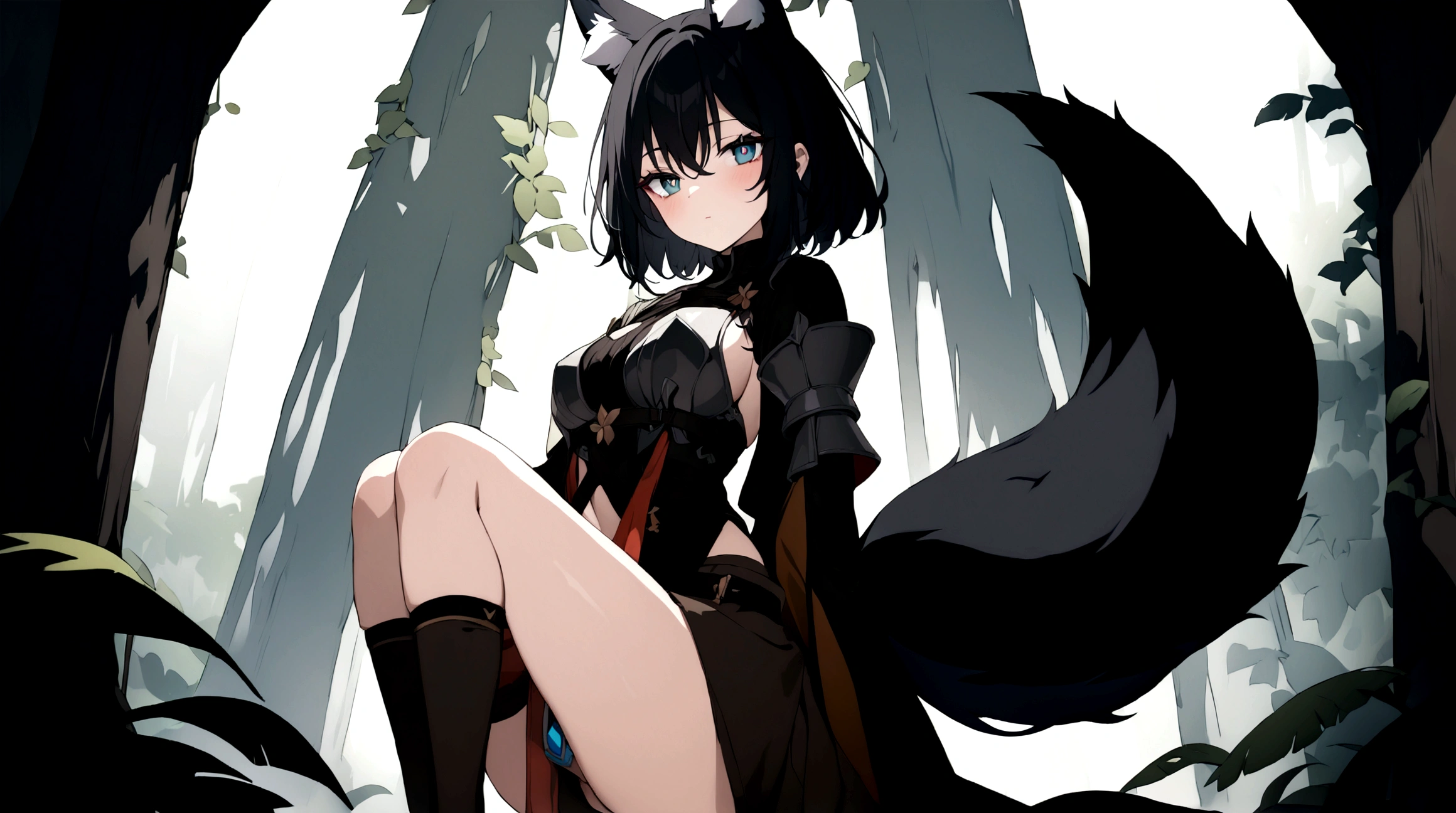(1girl, Masterpiece, best quality) (detailed and beautiful eyes:1.6) (perfect hands, perfect anatomy) (full body)) (Mature) (Adult) Fox-girl Misaki has ((short black hair)), (Fox-ears). (She wears a black fantasy medieval adventurer armor) ((She has a **one** black fluffly fox tail.)) She wearing a long brown trousers with armored knees. She has over-to-knee socks.