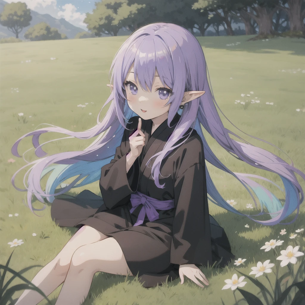 anime girl long purple hair wearing a black Robe. she has pointy ears. Manga kawaii. iridescent ,An illustration, 0ne person .Sitting in the grass, hair blowing in the wind