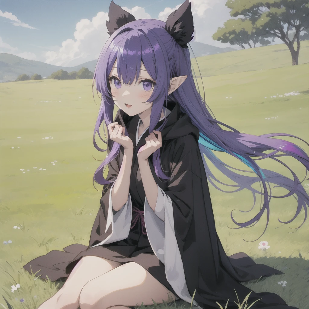 anime girl long purple hair wearing a black Robe. she has pointy ears. Manga kawaii. iridescent ,An illustration, 0ne person .Sitting in the grass, hair blowing in the wind
