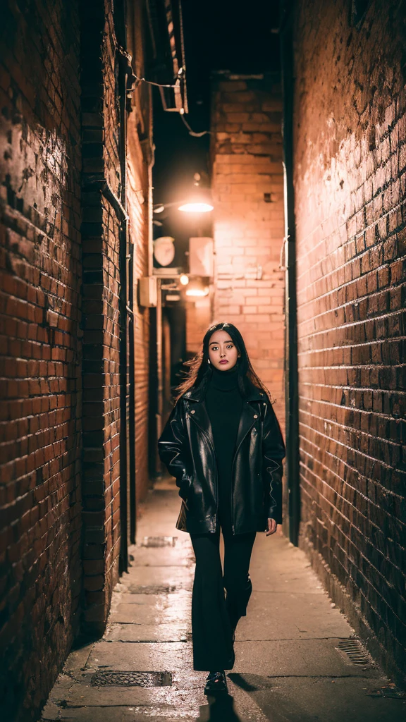 ((Best Quality, 8K, Masterpiece)), 1girl,  Long black and shiny hair, long necklace, Neon shirt, Torn leg pants, Open jacket, Open-collared turtleneck sweater, Against the wall, brick walls, dim murky lights, alley, looking at viewer