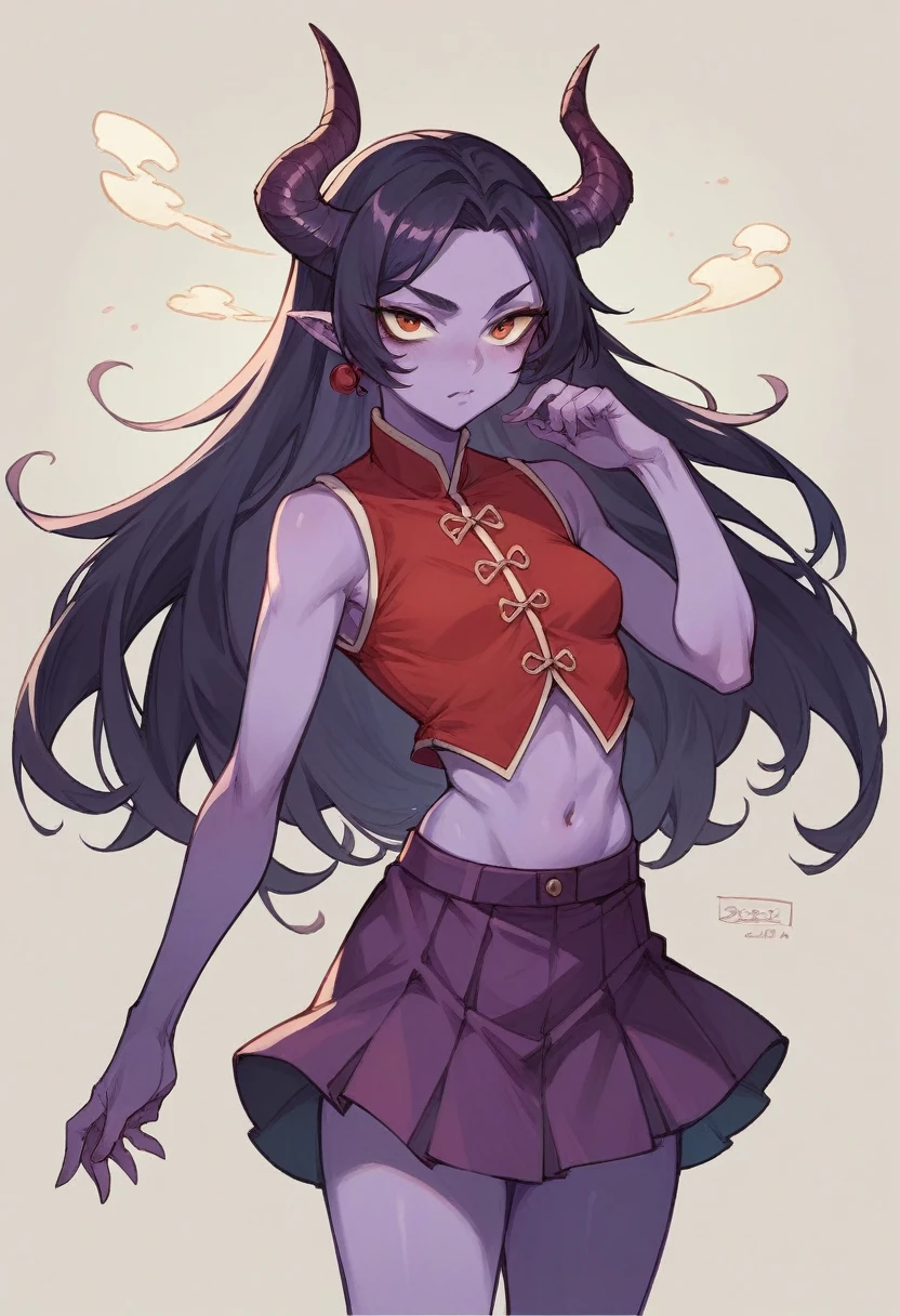 Daji, wareiors orochi, , purple skin, 2 small horns, small breasts, red vest, red and purple skirt