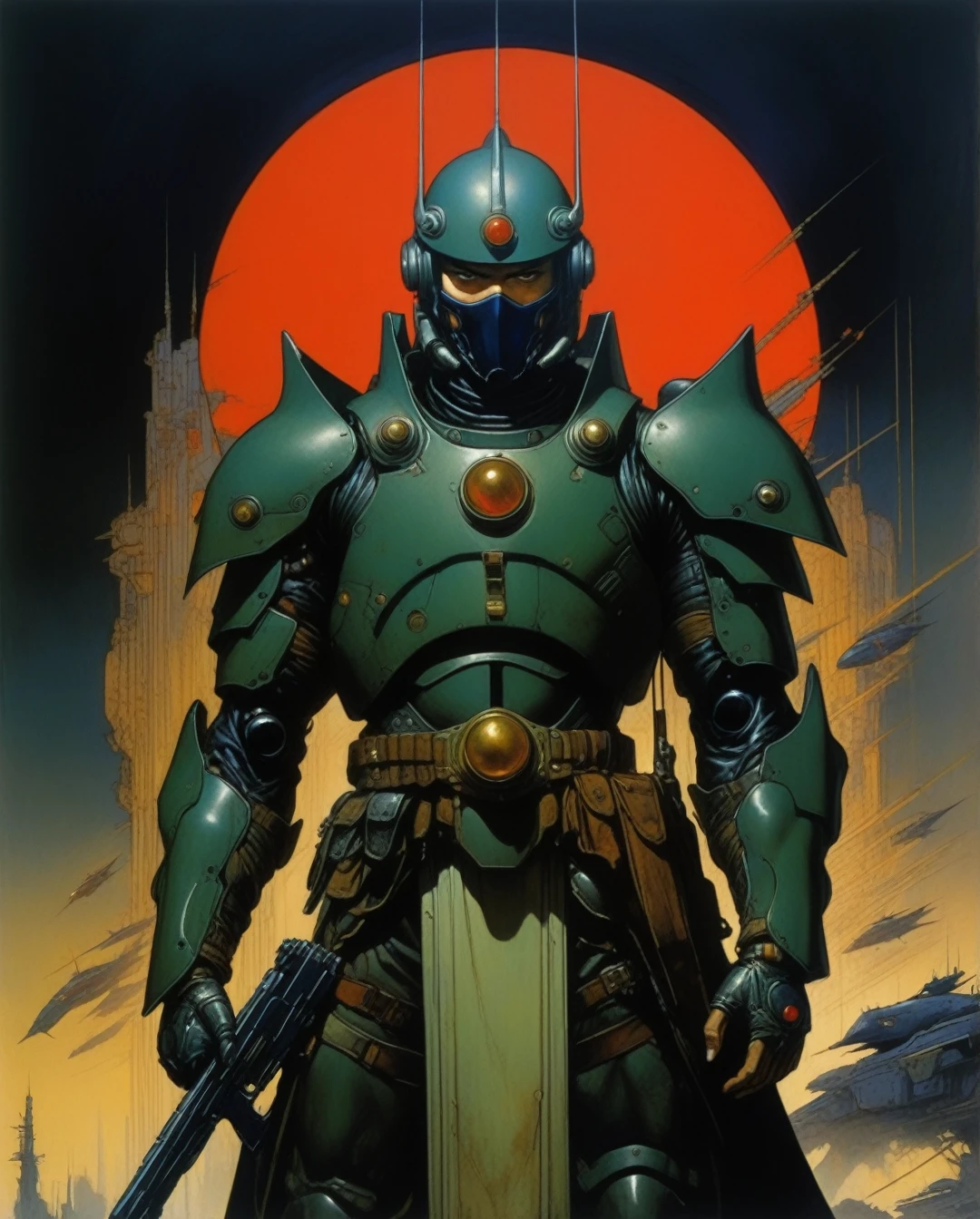 amano yoshitaka, In a dystopian cyberpunk future, a mesmerizing propaganda poster beckons viewers to enlist in the military. Combining the gritty art style of Frank Frazetta with the futuristic flair of Moebius, the image features a cybernetically enhanced soldier, clad in sleek, reflective armor and wielding cutting-edge weapons. The intricate detailing, vivid colors, and dynamic composition elevate this digital painting to a level of unparalleled artistry, capturing the essence of a war-torn, technologically advanced world with stunning precision.