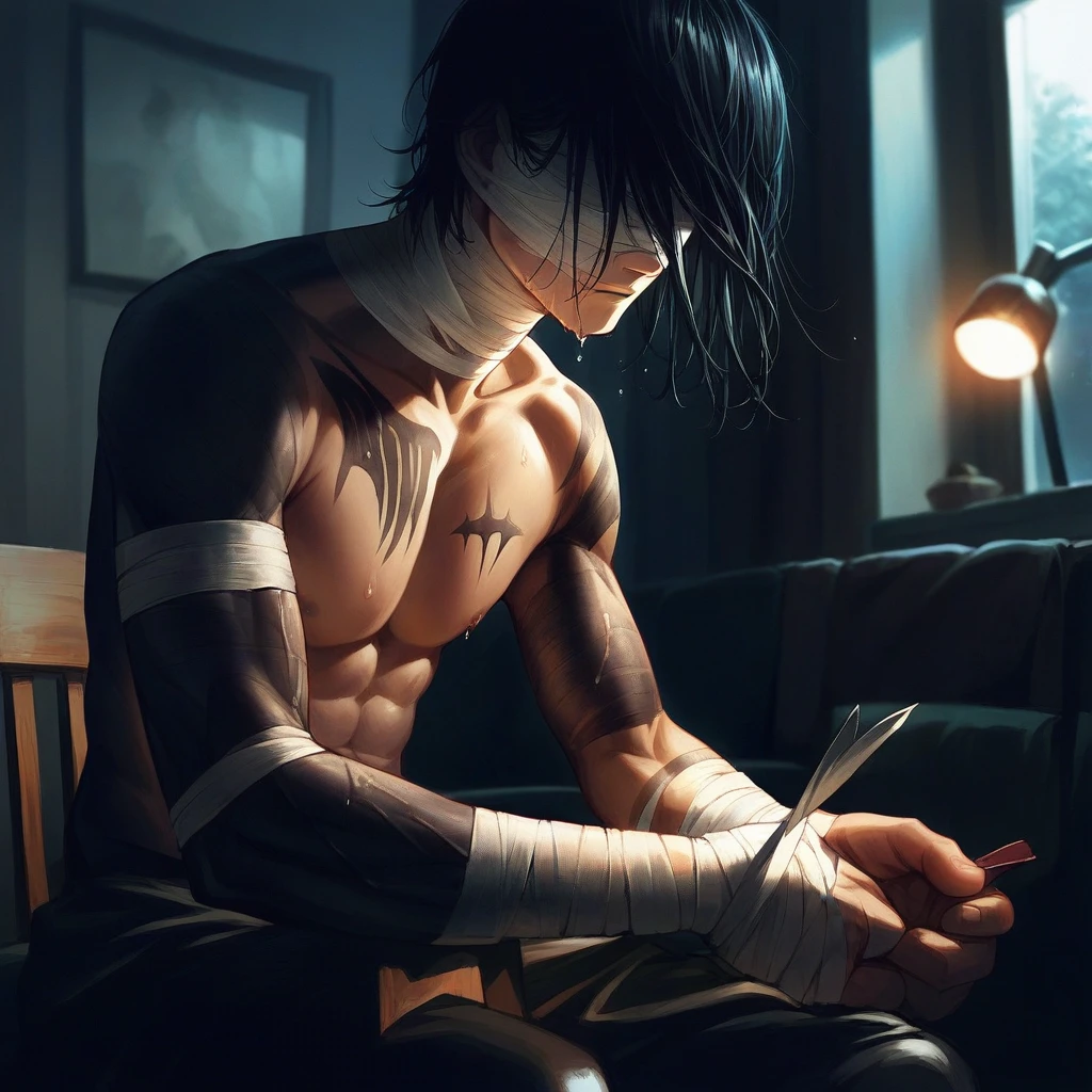 Creates a wet 18 year old man with straight black hair with his face covered by bandages sitting on a couch in a dimly lit living room