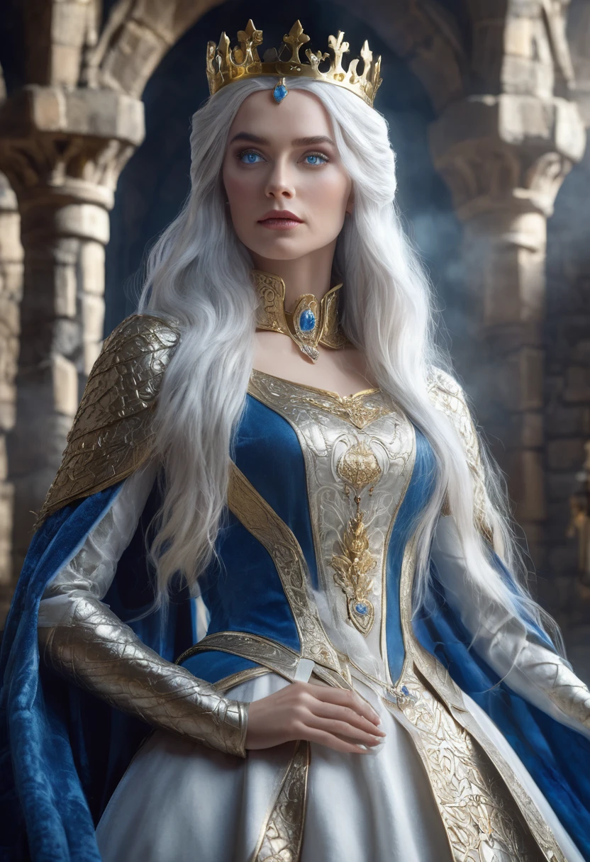 1 woman, Medieval castle made of gold, wearing a queen's dress, detailed facial features, beautiful blue eyes, detailed white colored skin, detailed long silver hair, strong expression, dramatic lighting, cinematic composition, cool color palette, fog atmospheric, (best quality,4K,8K,high resolution,Artwork:1.2),ultra-detailed,(realistic,photorealistic,photo-realistic:1.37)
