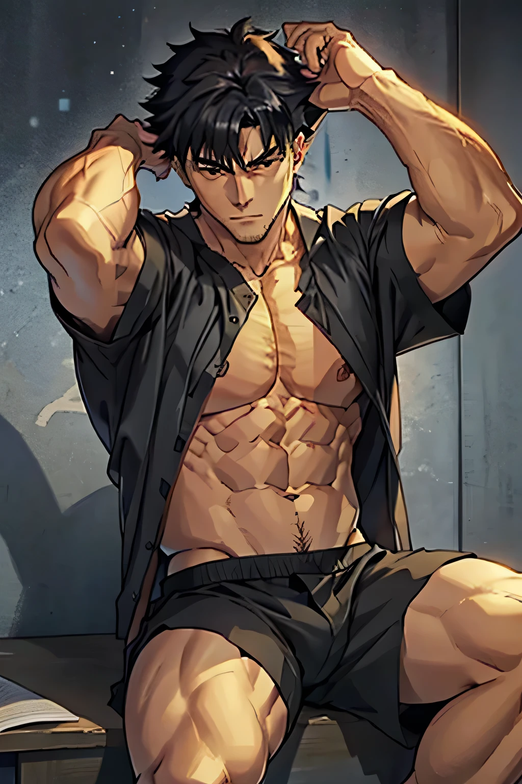 Kiritsugu is sitting and flexing his thighs. He wears black short boxershorts. You can see his thighs completely. He is wearing a black tshirt with short sleeves. His sleeve is rolled up completely, so you can see his entire arm and shoulder. He is admiring his arms. He has a huge bulge. You can see his abs too. His boxershorts are rolled up completely so you can see his entire leg. he has many bulging veins on his arms.