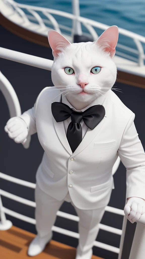 Generate an realistic Anthropomorphic white muscular cat wearing well fitted black suit and tie, standing excitedly near the railing of a cruise ship