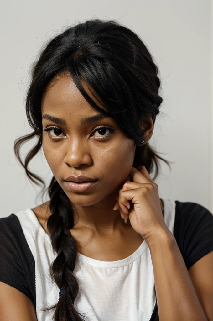 worried black woman with her hand closed on her chin thoughtful, worried expression, White background