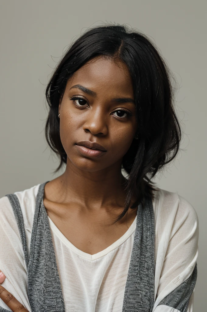 worried black woman with her hand closed on her chin thoughtful, worried expression, White background