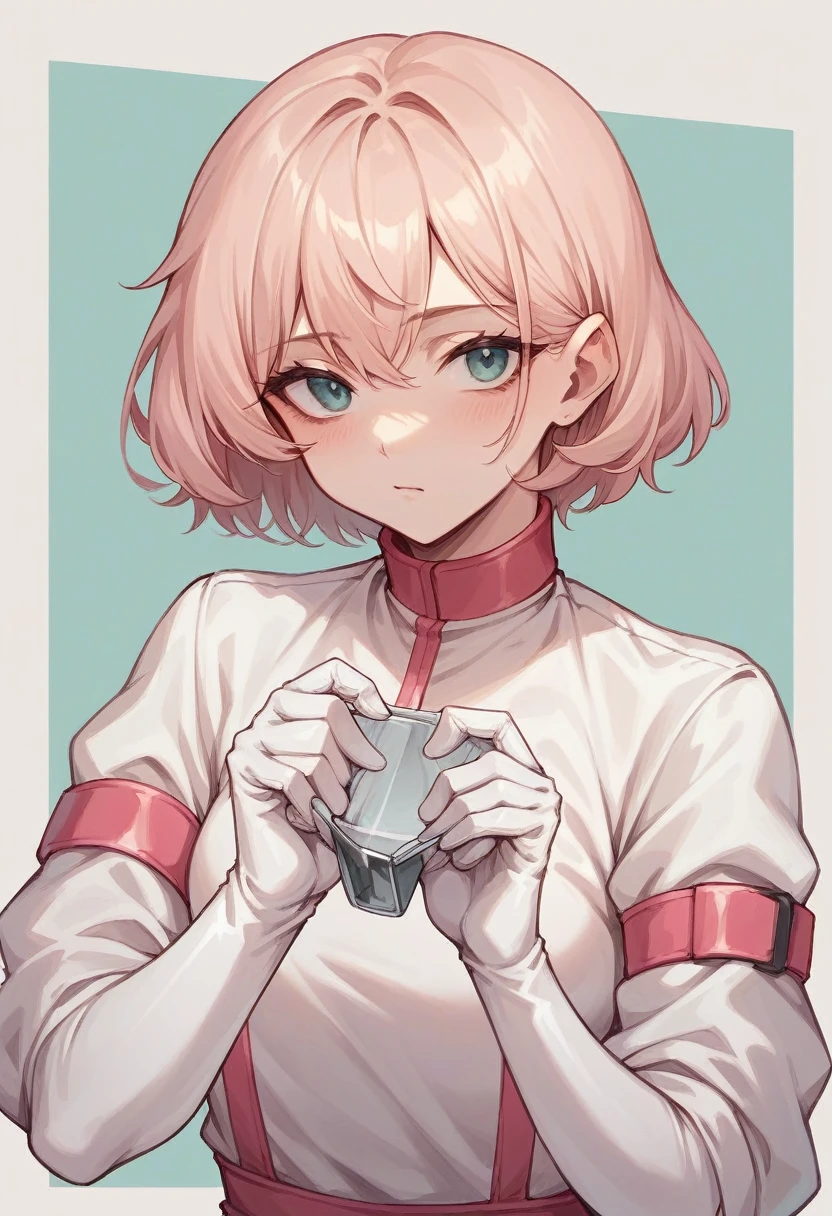 1girl, light hair, ((white elbow gloves)), ((surgical gloves)), ((latex gloves)), ((long sleeves)) ((pink surgeon outfit)), checking patient dick’s