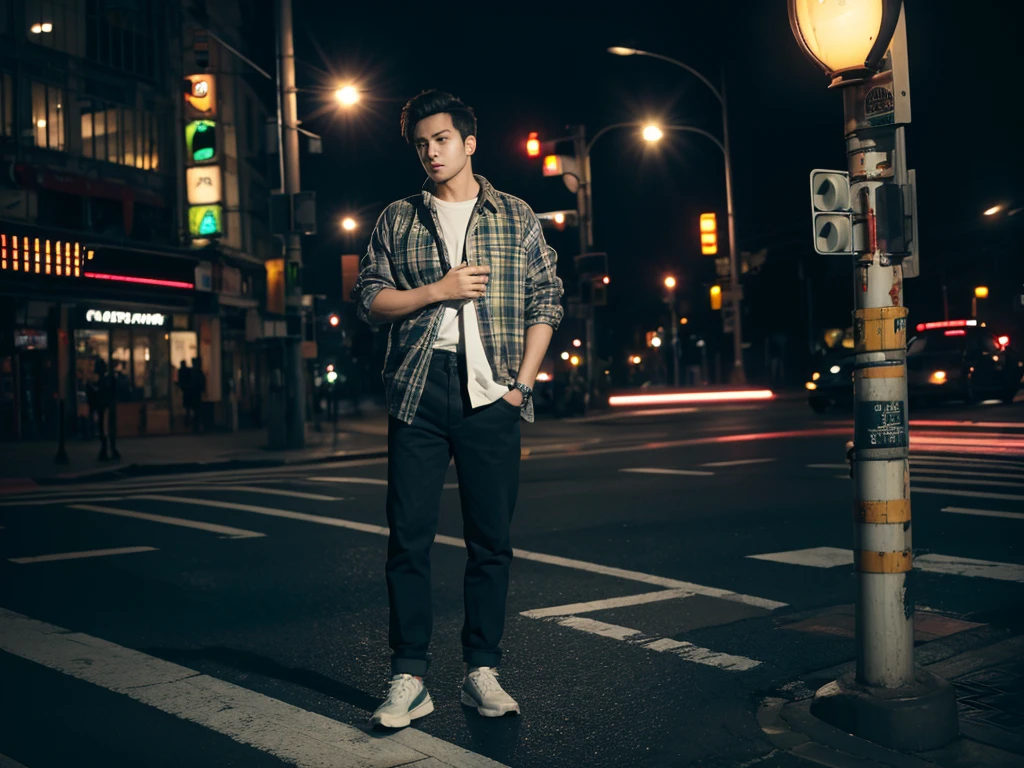 1 men, full body, flanel, night, traffic signlights, ultra detail, ultra resolution