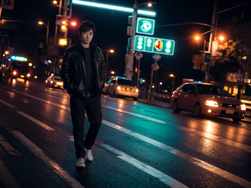 1 men, full body, flanel, night, traffic signlights, ultra detail, ultra resolution