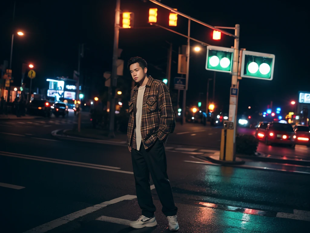 1 men, full body, flanel, night, traffic signlights, ultra detail, ultra resolution