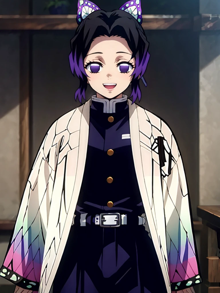 Kochou shinobu, 4k, absurd, high resolution, very high resolution, high definition, masterpiece, Short hair, purple hair, Hair Adorno, Butterfly hair ornament, Purple eyes, Slayer Demon Uniform, Black Jacket, Pants, White belt, Separate bangs, wide sleeves, Butterfly hair ornament, Black Pants, upper body, looking_at_viewer, :d