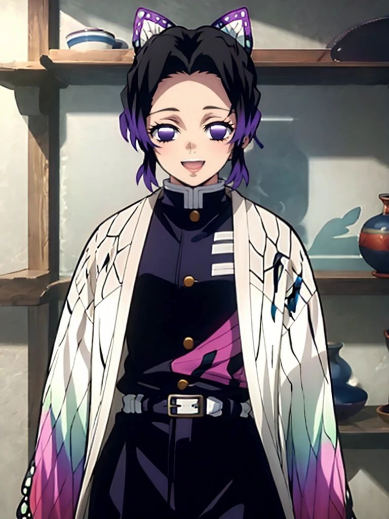 Kochou shinobu, 4k, absurd, high resolution, very high resolution, high definition, masterpiece, Short hair, purple hair, Hair Adorno, Butterfly hair ornament, Purple eyes, Slayer Demon Uniform, Black Jacket, Pants, White belt, Separate bangs, wide sleeves, Butterfly hair ornament, Black Pants, upper body, looking_at_viewer, :d