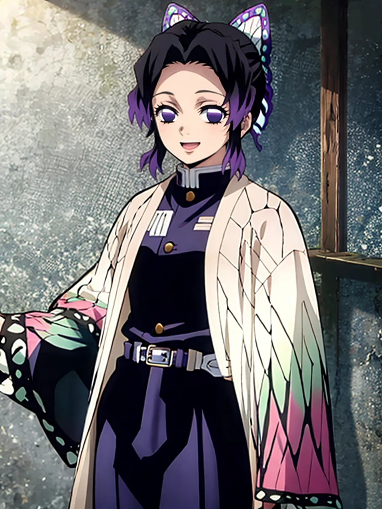 Kochou shinobu, 4k, absurd, high resolution, very high resolution, high definition, masterpiece, Short hair, purple hair, Hair Adorno, Butterfly hair ornament, Purple eyes, Slayer Demon Uniform, Black Jacket, Pants, White belt, Separate bangs, wide sleeves, Butterfly hair ornament, Black Pants, upper body, looking_at_viewer, :d