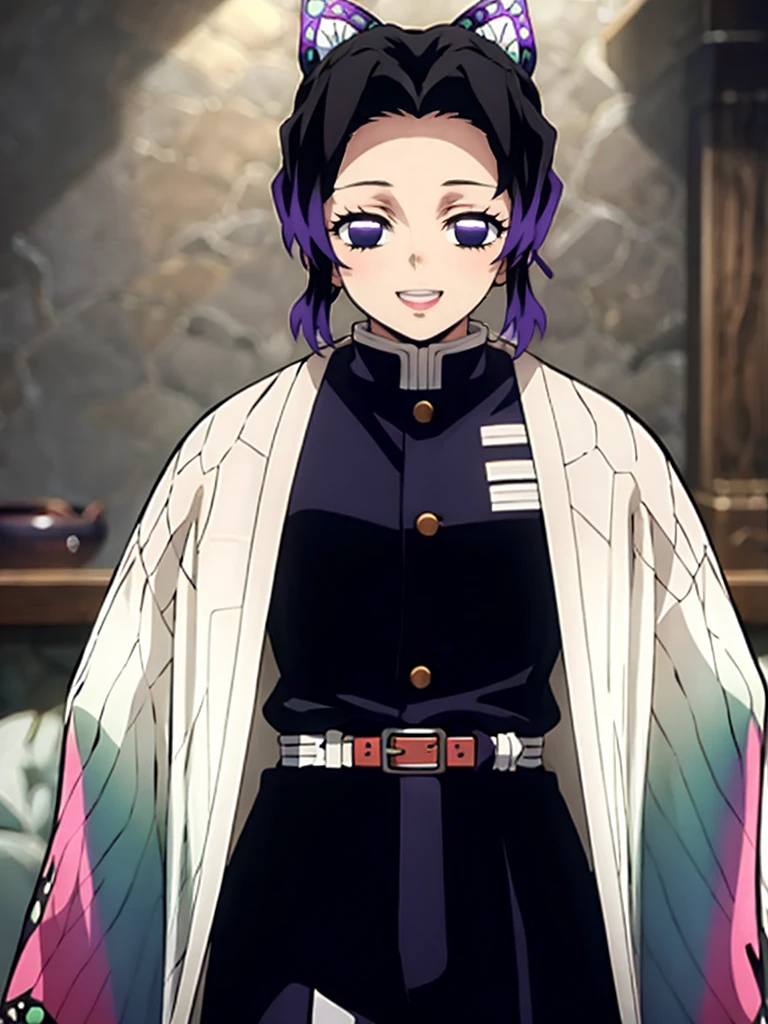 Kochou shinobu, 4k, absurd, high resolution, very high resolution, high definition, masterpiece, Short hair, purple hair, Hair Adorno, Butterfly hair ornament, Purple eyes, Slayer Demon Uniform, Black Jacket, Pants, White belt, Separate bangs, wide sleeves, Butterfly hair ornament, Black Pants, upper body, looking_at_viewer, :d