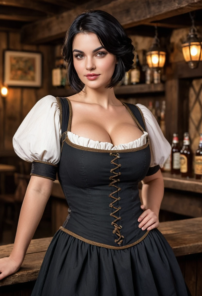 Medieval, Young woman, very short loose black hair, huge breasts, wide hips, barmaid dress, (tavern background) (4k image) (highest quality)
