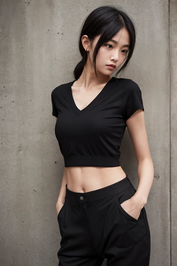 boyish type,girl,Black Pants,No bra,