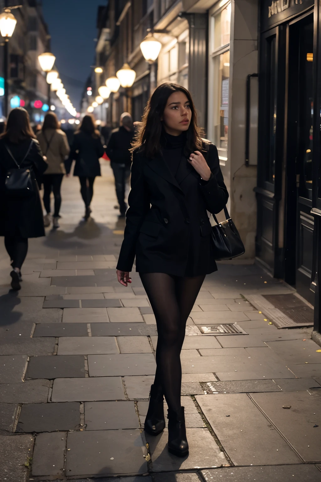 woman walking, night in london.