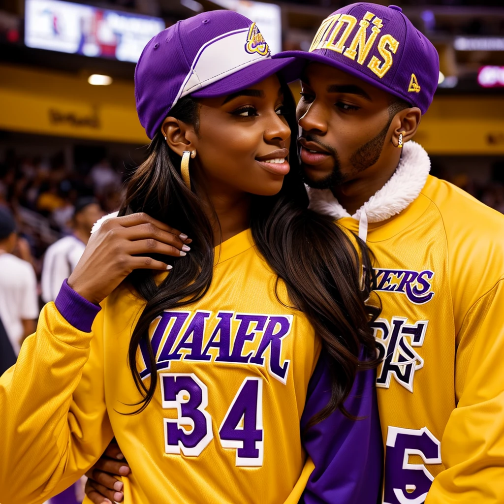 Brownskin stud and fem hugging and kissing each other wearing matching laker jerseys, with matching hats, with iced out stud earrings