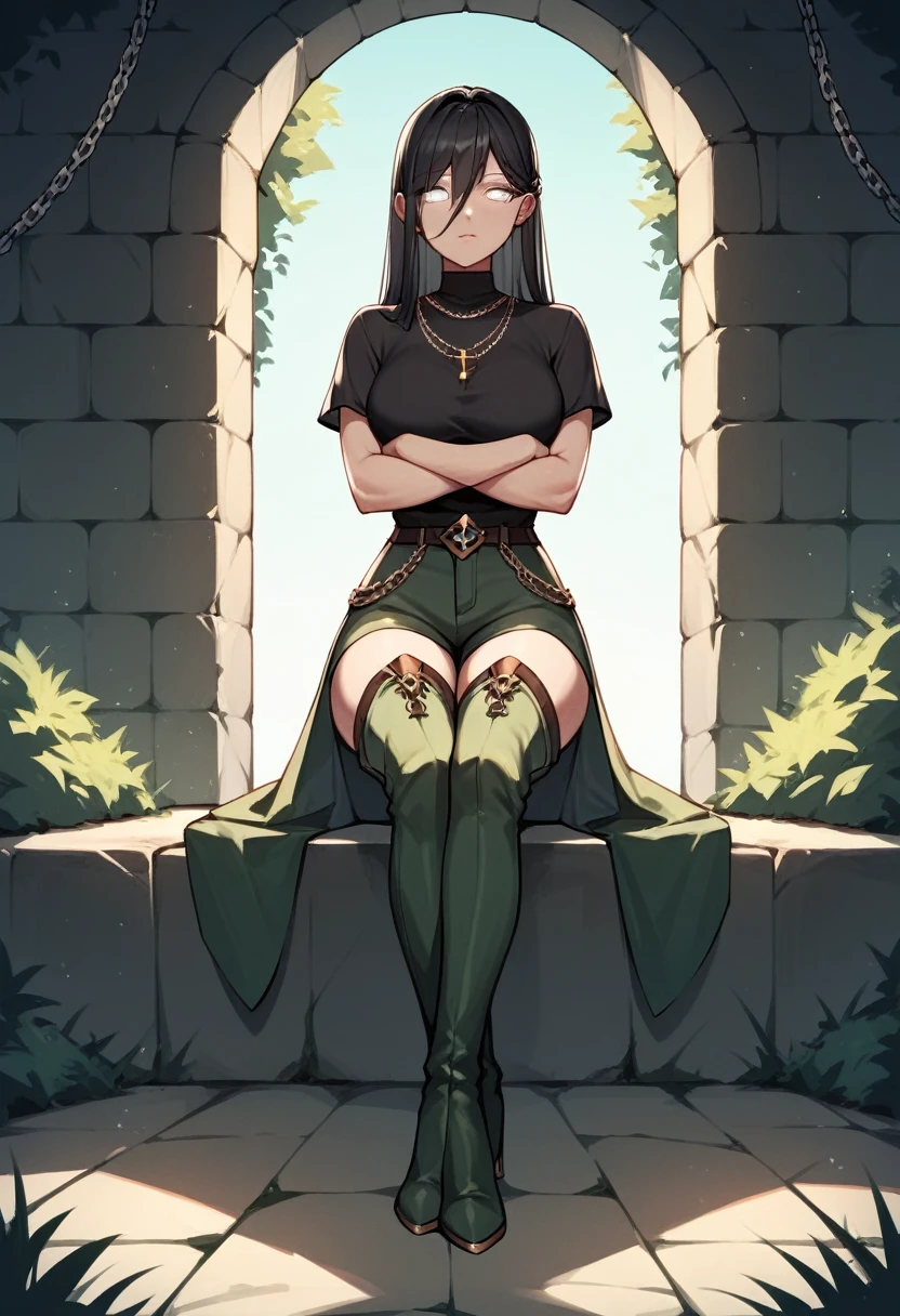 check_9, check_8_up, check_7_up, check_6_up, check_5_up, check_4_up, source_Anime, 1 girl,lush breasts, sit, black hair,long hair, white eyes, WW chain, cross your arms, dirty hair, black shirt,trousers,thigh high boots,Green Boots,heels,legs crossed,Dark Dungeon, Best quality, better resolution, 4k uhd,