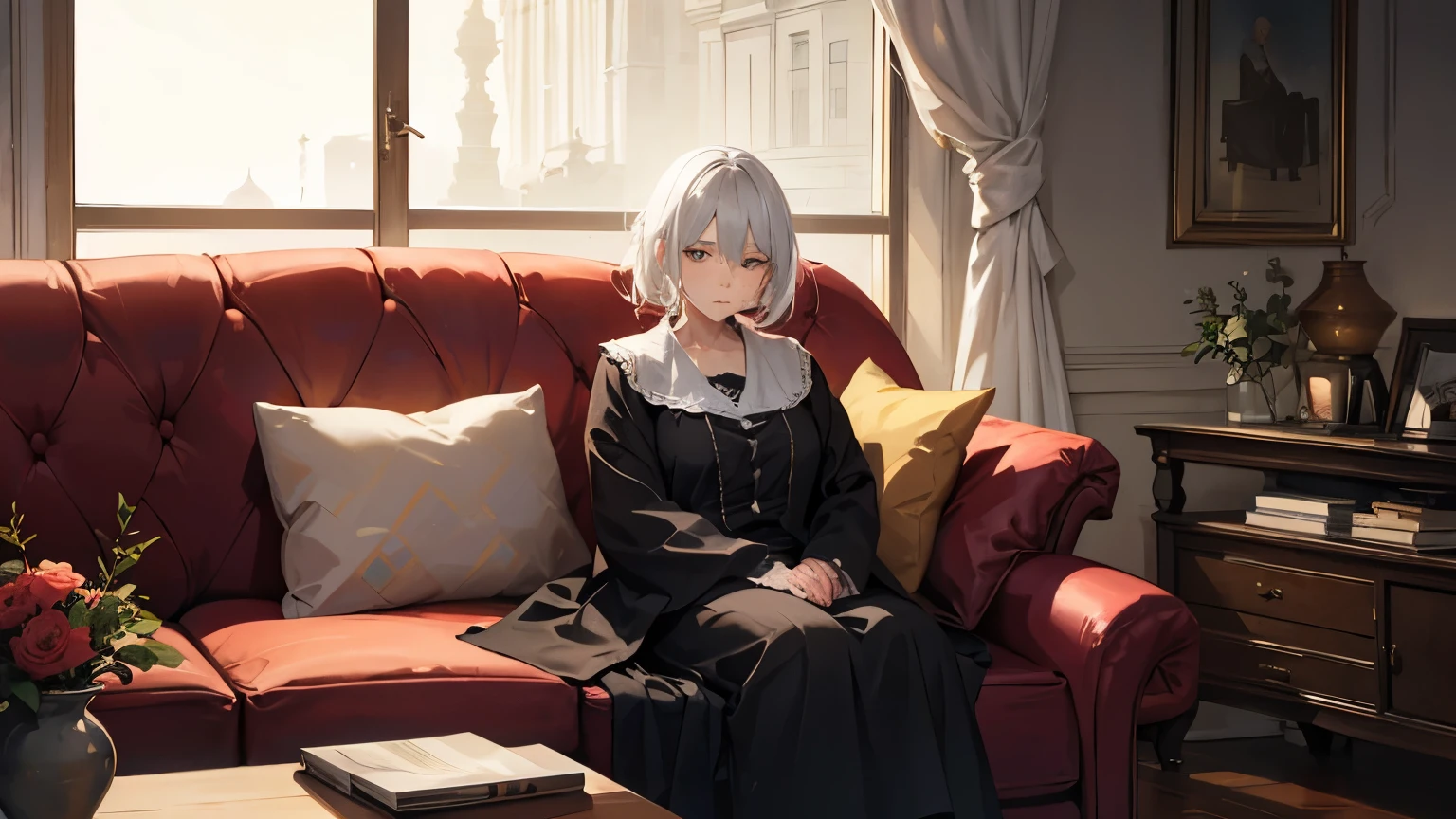 a old woman sits on the sofa, her eyes revealing anxiety and unease, soft light, dramatic style