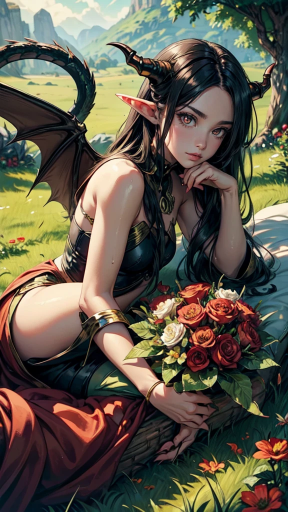 chibidragon, Dal 3, dragon, dragon tail, dragon wings, dragon horns, landscape, nature, Tree, Grass, Dappled light, red eyes, cat eye, slit pupil,detailed eyes, detailed hands, detailed eyes, elf woman, flowers, wet hair, laying on bed, flowers