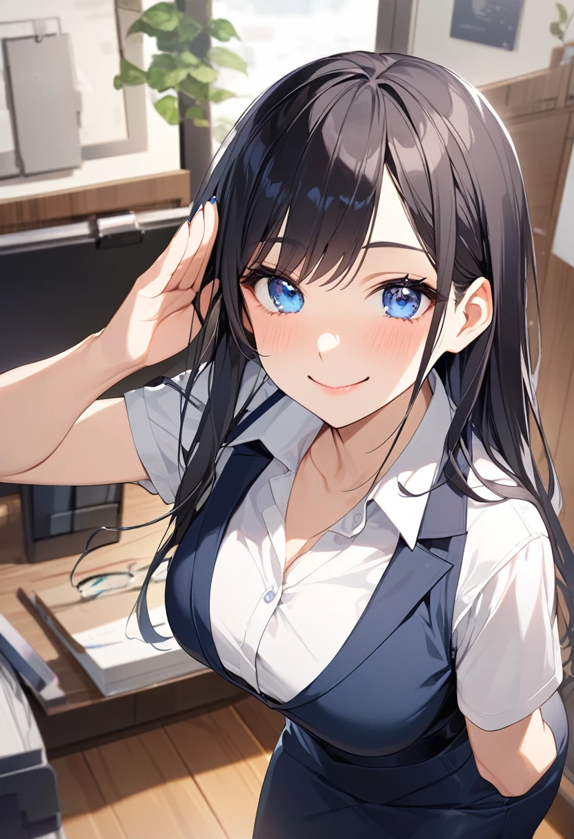 (Highest qualityのイラスト:1.2), (Black Hairの美少女:1.1), (1 girl、17 years old、Highest qualityのイラスト:1.2), (1 girl、Kind eyes、blue eyes:1.2)、((Black Hair:1.2))、Semi-long hair、(Highest quality、Very detailed、cute、Ultra-high resolution) 、Larger breasts、office lady, {white business shirt, Navy blue pencil skirt、 pantyhose}, Front facing、smile、Salute