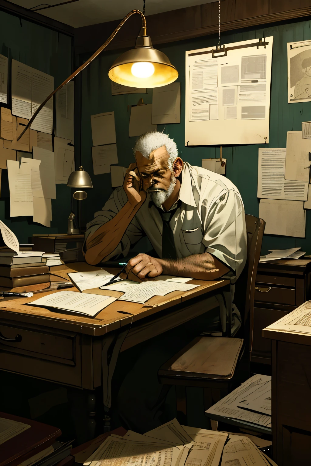 In the dimly lit office, a lone scene of a criminal unfolds. The room, filled with the hum of an old, ancient revolving fan, is bathed in an eerie glow. The criminal, his face obscured by the shadows, is intently studying a stack of documents spread across a worn-out desk. His hands, steady and calculated, meticulously handle each document, their pages yellowed by time. The environment is gritty and realistic, the desk cluttered with years of neglect, the walls adorned with faded posters and memorabilia. The only light source is a single desk lamp, casting an ominous glow on the criminal's intense focus. The background is the