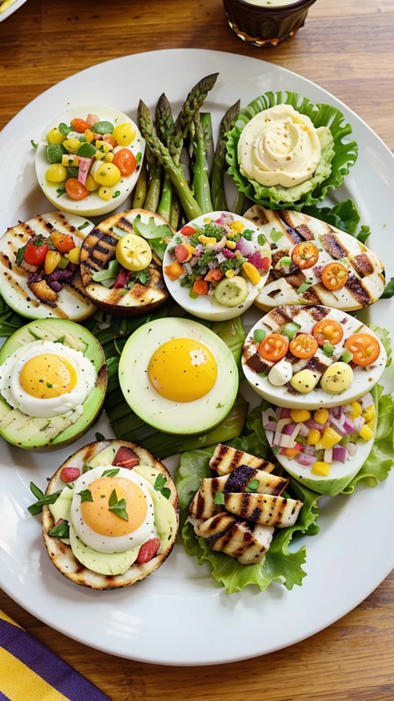 Colorful and Varied Keto Lunch Platter: A beautifully arranged platter with various keto-friendly foods, such as avocado, bacon-wrapped asparagus, deviled eggs, colorful salads, and grilled chicken. The vibrant colors and variety will catch the viewer’s eye.