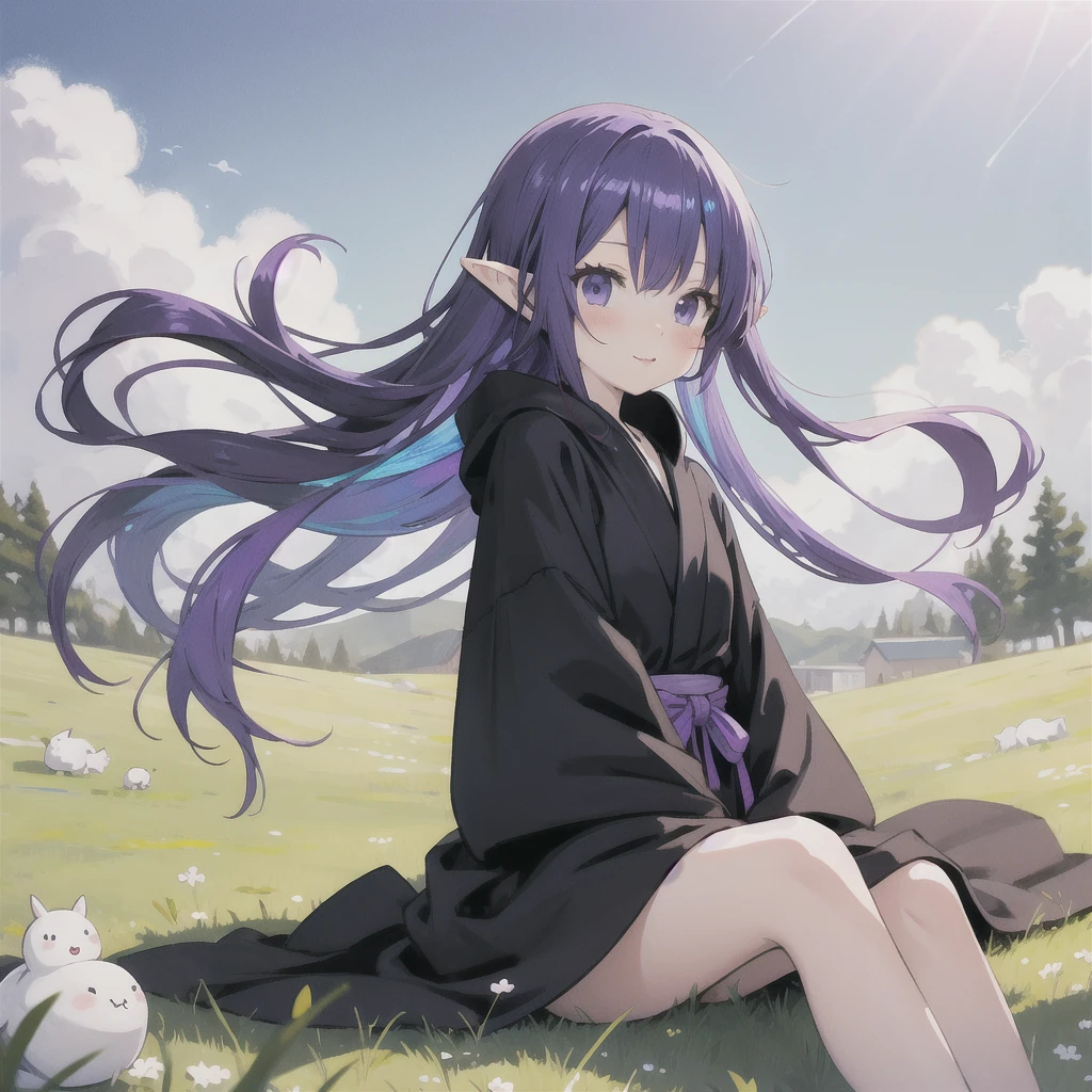anime girl long purple hair wearing a black Robe. she has pointy ears. Manga kawaii. iridescent ,An illustration, 0ne person .Sitting in the grass, hair blowing in the wind