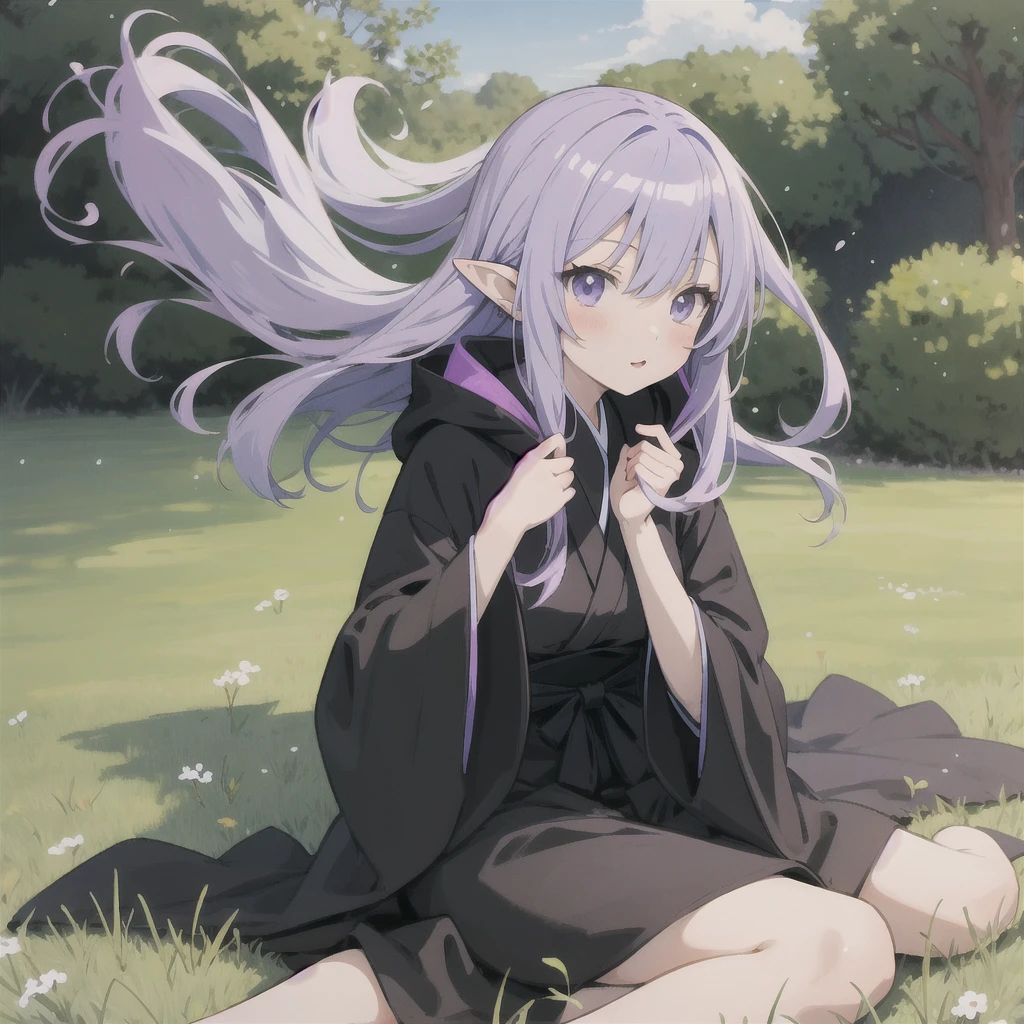 anime girl long purple hair wearing a black Robe. she has pointy ears. Manga kawaii. iridescent ,An illustration, 0ne person .Sitting in the grass, hair blowing in the wind