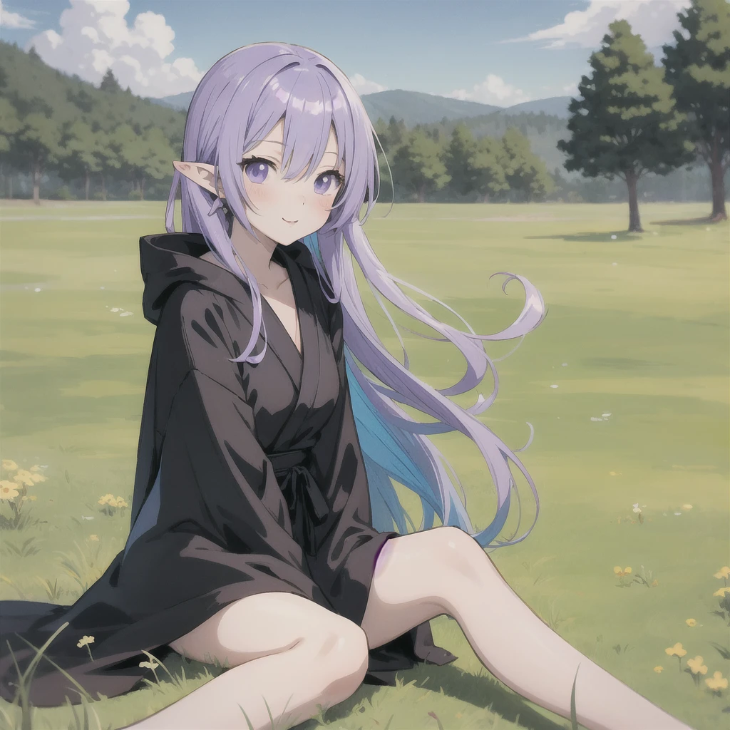 anime girl long purple hair wearing a black Robe. she has pointy ears. Manga kawaii. iridescent ,An illustration, 0ne person .Sitting in the grass, hair blowing in the wind