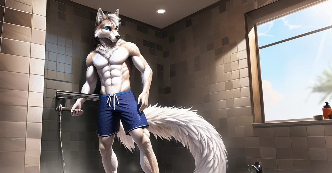 ((Solo)), male people, anthro wolf, (Multi-colored fur, White-brown:1.3, White tail pointed), (Height 2.3 meters,Tail length 1.2m), ((Wolf face, White hair, Big eyes, White eyelids, Blue pupil, Slim:1.2) (Tough, Calm expression:1.2)), Abs, Slim, pinging)), (Correct body anatomy), (Work shorts:1.1), The upper body is naked, (detailed outfits),A long big tail,Feet,Long legs,(Realistic fur, Detailed fur texture, labeled:1.3)), (Natural lighting), Photorealistic, Hyperrealistic, ultradetailed, big cock, in the shower, with a towel, showing cock