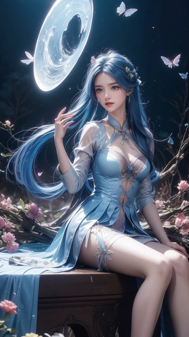 1girl, girl with long blue hair, smiling, cheerful, girl is sitting among a wide expanse of flowers, surrounded by beautiful flowers, Calm and peaceful atmosphere, night, moonlight , Beautiful glowing butterflies surround the girl lighting up the darkness of the night, magic,Romantic, the night breeze blows the Sepoi Sepoi girl's hair, 