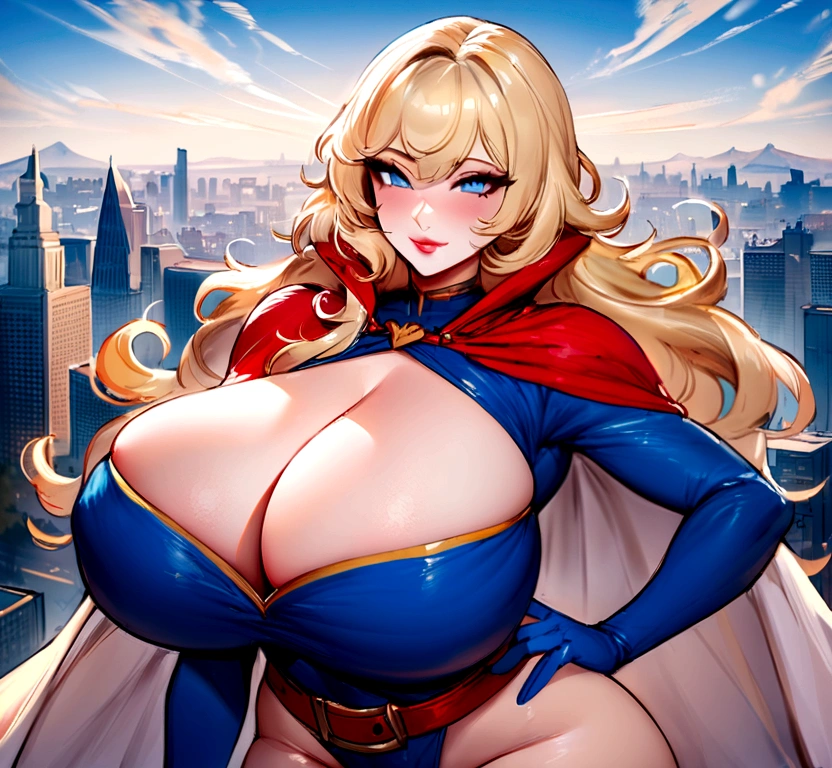 masterpiece, best quality,  pwrgirl, cape, leotard, cleavage cutout, long sleeves, blue gloves, red belt, gigantic breasts, city, looking at viewer, cowboy shot, seductive smile, hand to hip, curvy, blonde hair, blue eyes, 