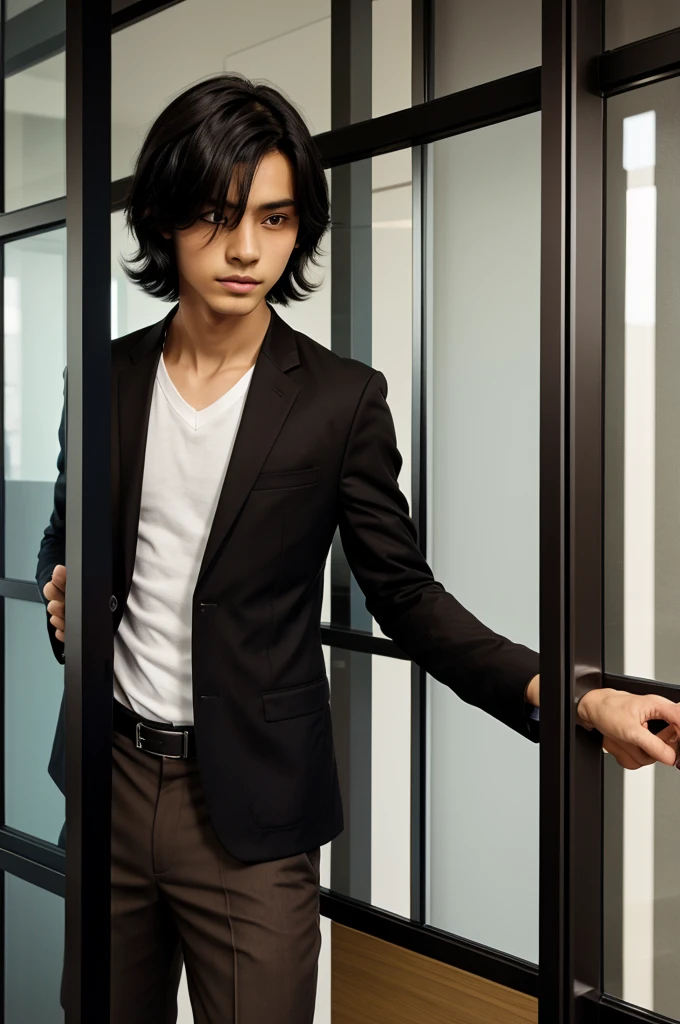 a thin boy, with black shirt and brown blazer, black hair, facing the glass door of an office ,