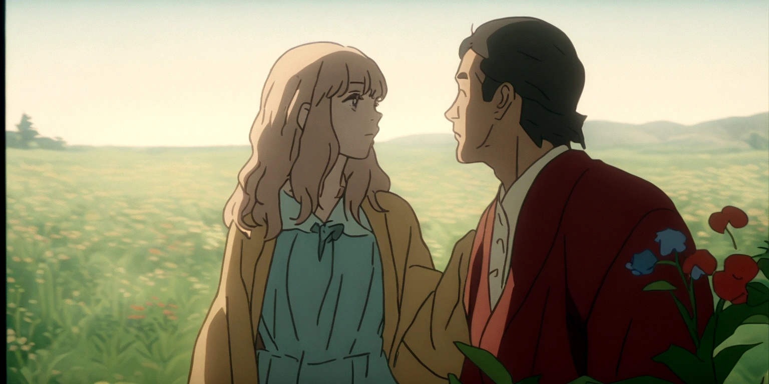 araffes man and woman standing in a field with flowers, music video, still from a music video, screenshot from a movie, screenshot of youtube video, the most beautiful scene, Extended clip, scene from a movie, still from film, still shot from movie, opening scene, film screenshot, still frame of a film, scene from the film