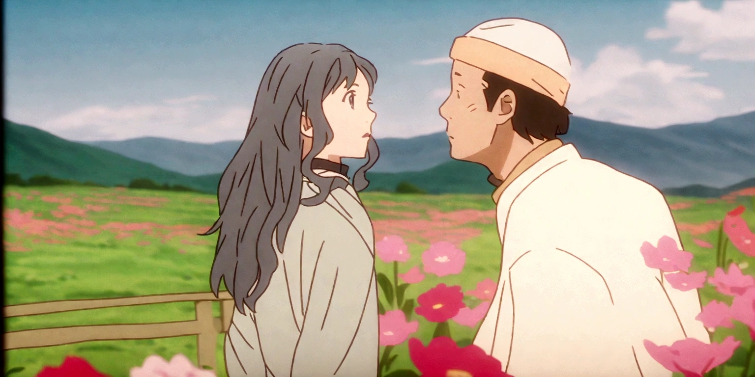 araffes man and woman standing in a field with flowers, music video, still from a music video, screenshot from a movie, screenshot of youtube video, the most beautiful scene, Extended clip, scene from a movie, still from film, still shot from movie, opening scene, film screenshot, still frame of a film, scene from the film